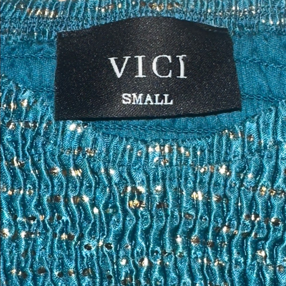VICI Shine On Metallic Turquoise Baby Doll Smocked Top Tiered Mini Dress Size S - Picture 5 of 14
